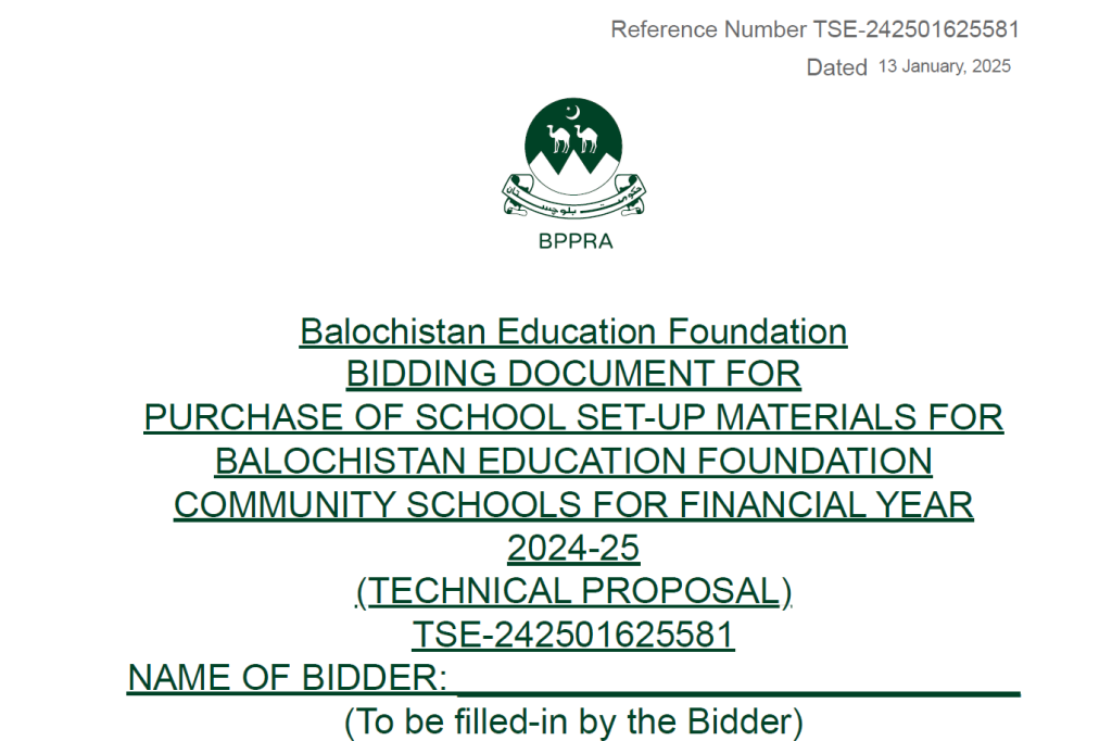 PURCHASE OF SCHOOL SET-UP MATERIALS FOR BALOCHISTAN EDUCATION FOUNDATION COMMUNITY SCHOOLS FOR FINANCIAL YEAR2024-25
