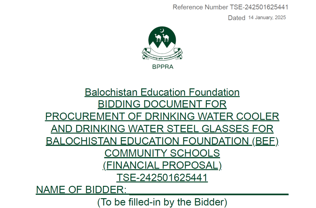 PROCUREMENT OF DRINKING WATER COOLERAND DRINKING WATER STEEL GLASSES FORBALOCHISTAN EDUCATION FOUNDATION (BEF) COMMUNITY SCHOOLS