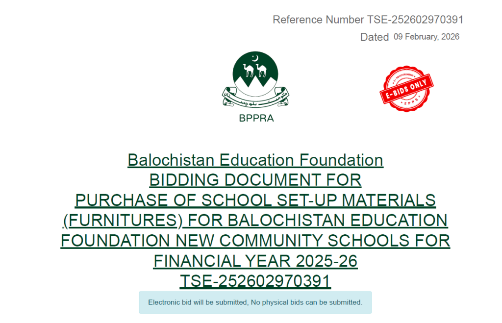 BIDDING DOCUMENT FOR PURCHASE OF SCHOOL SET-UP MATERIALS (FURNITURES) FOR BALOCHISTAN EDUCATION FOUNDATION NEW COMMUNITY SCHOOLS FORFINANCIAL YEAR 2025-26